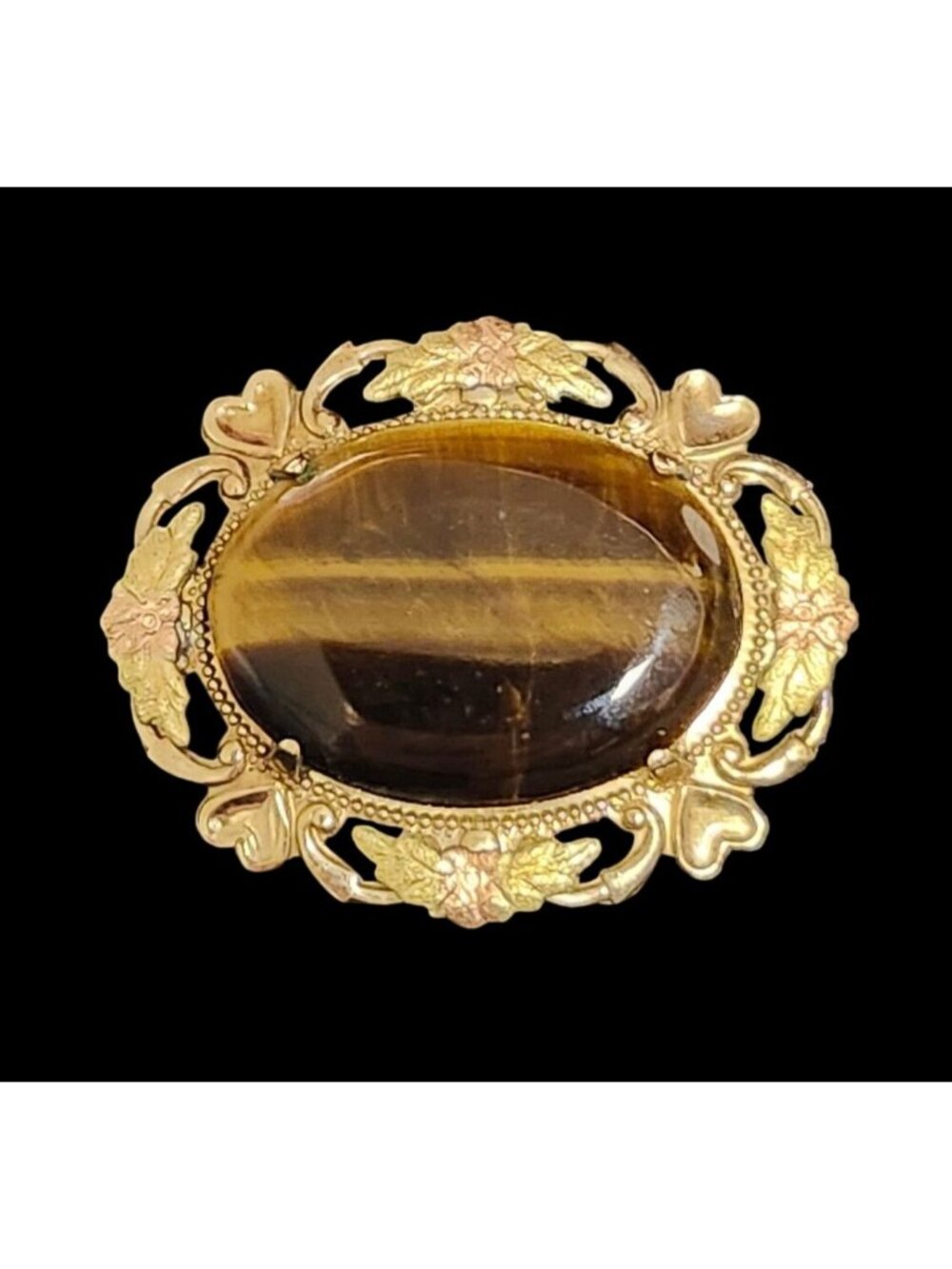Vintage Victorian Revival Tigers Eye Cabochon Pin 1/20 12kt GF Hearts & Wings Mo